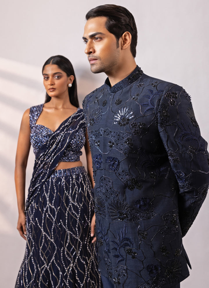 Deep Blue Linen Satin Bandhgala Set