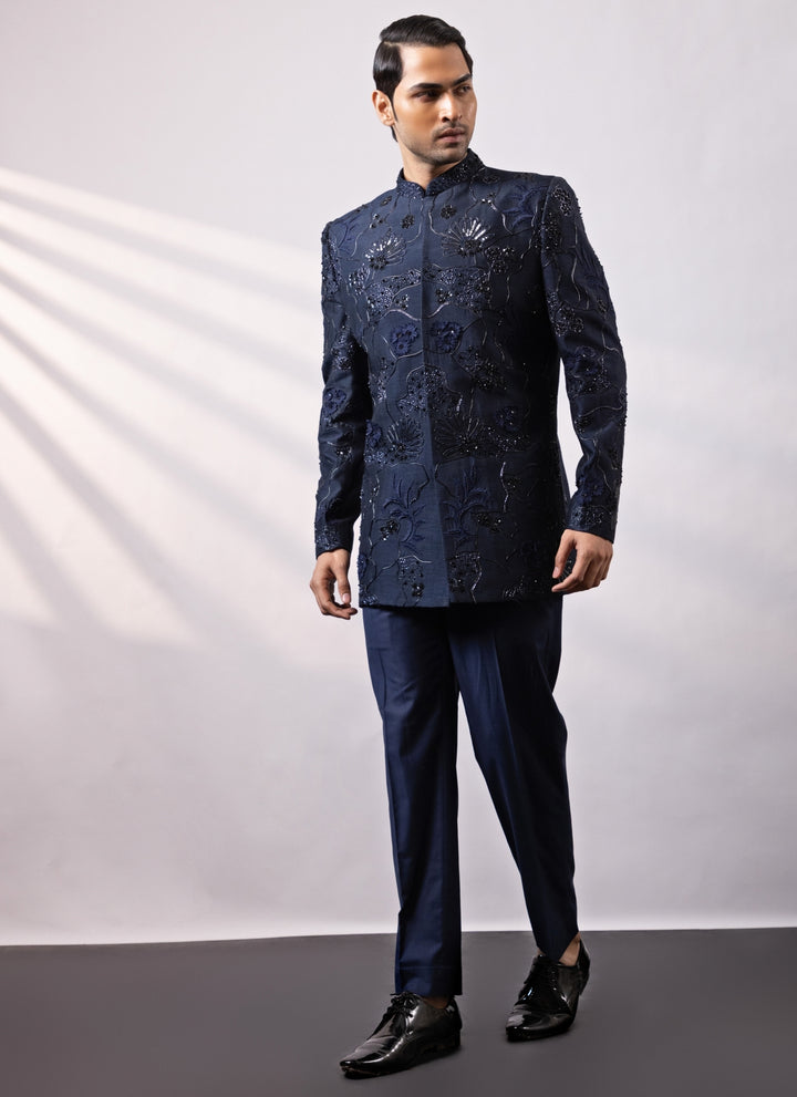 Deep Blue Linen Satin Bandhgala Set