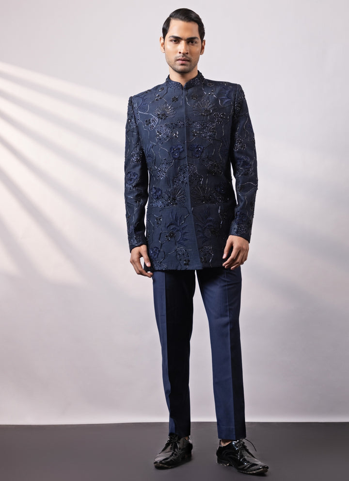 Deep Blue Linen Satin Bandhgala Set