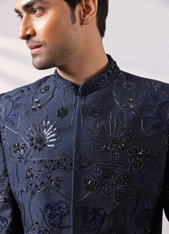 Deep Blue Linen Satin Bandhgala Set