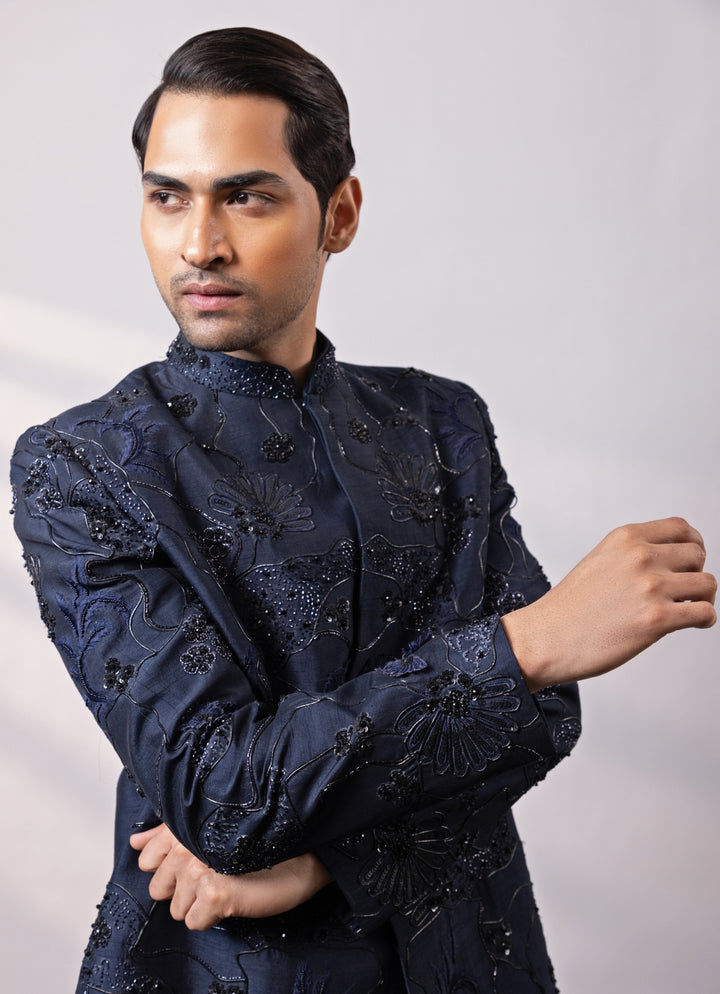 Deep Blue Linen Satin Bandhgala Set