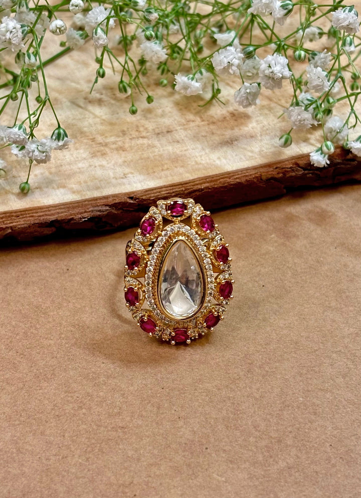 Pink Teardrop Kundan Ring