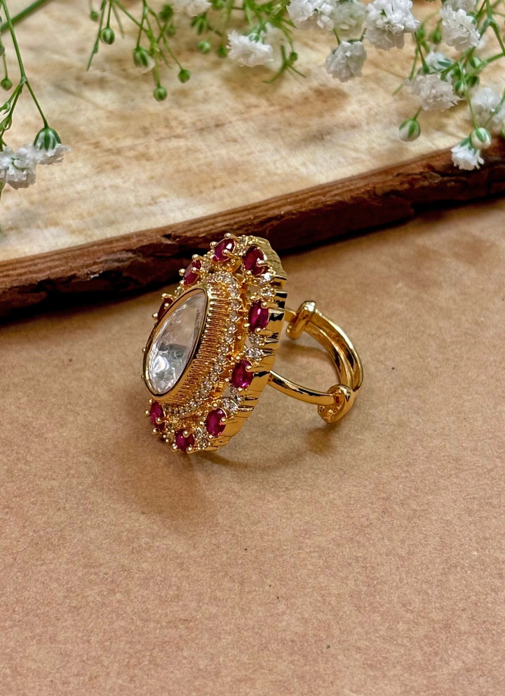 Pink Teardrop Kundan Ring