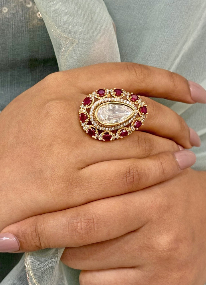 Pink Teardrop Kundan Ring