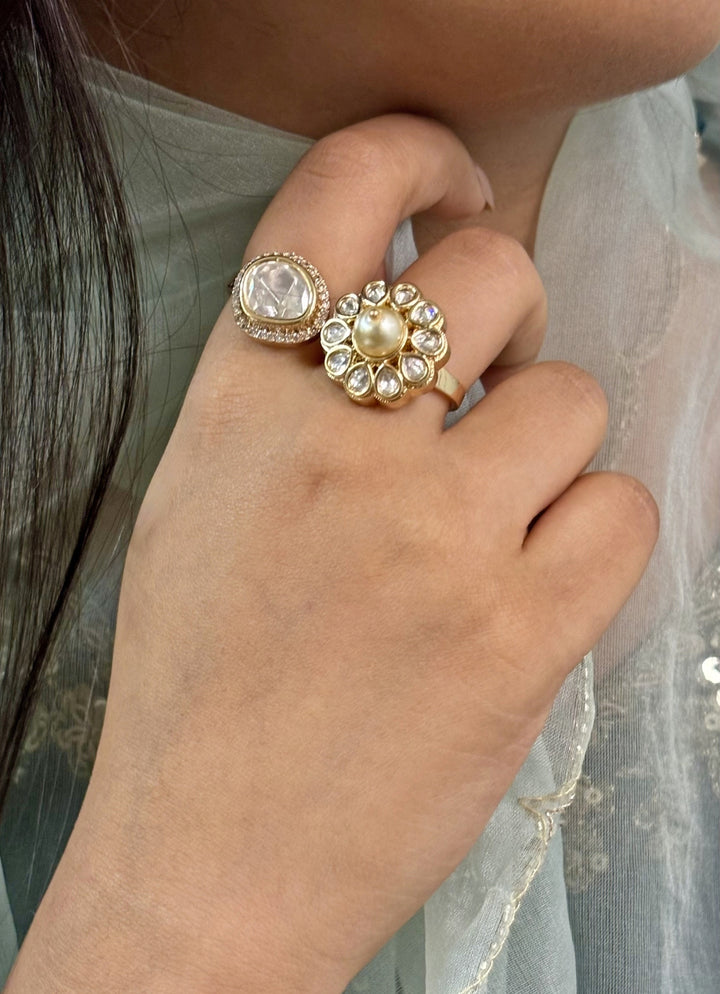 Double Finger Polki And Pearl Ring