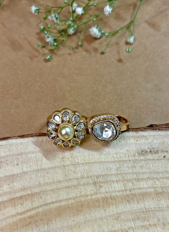 Double Finger Polki And Pearl Ring