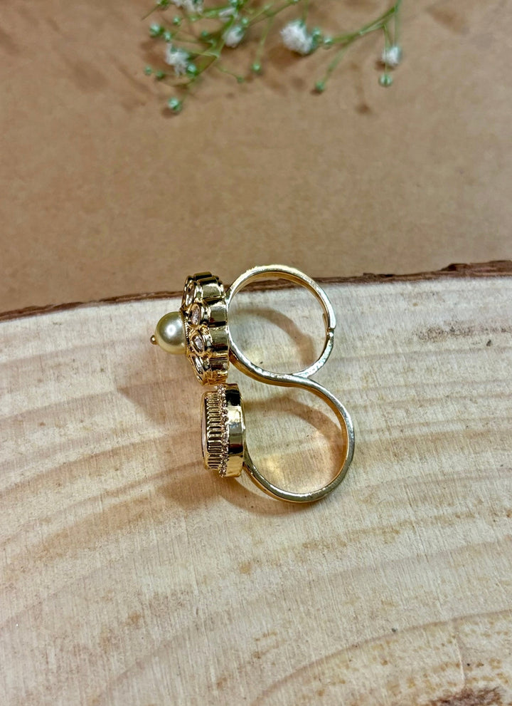 Double Finger Polki And Pearl Ring