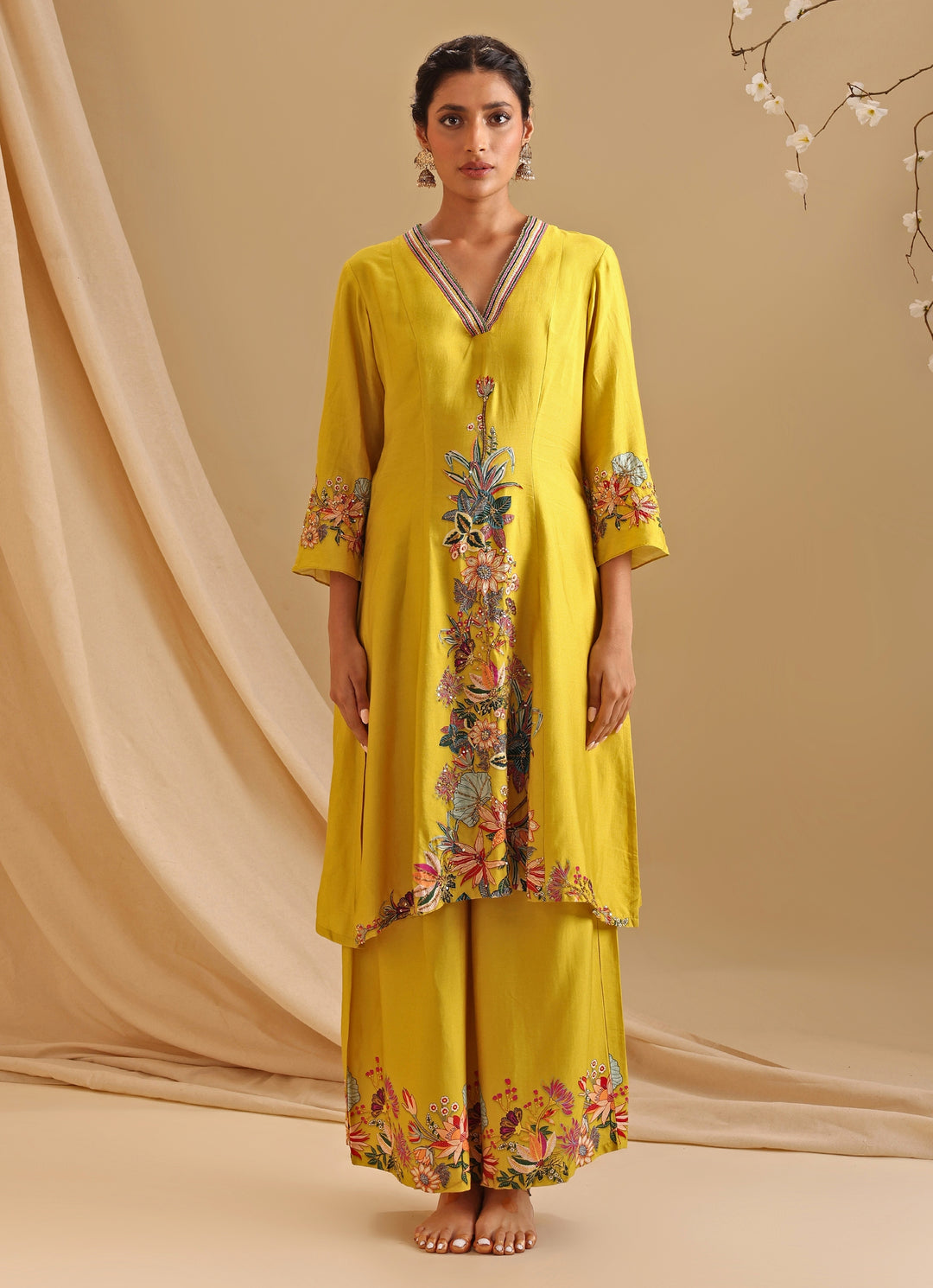 Yellow Embroidered Chanderi Kurta Dhoti Set