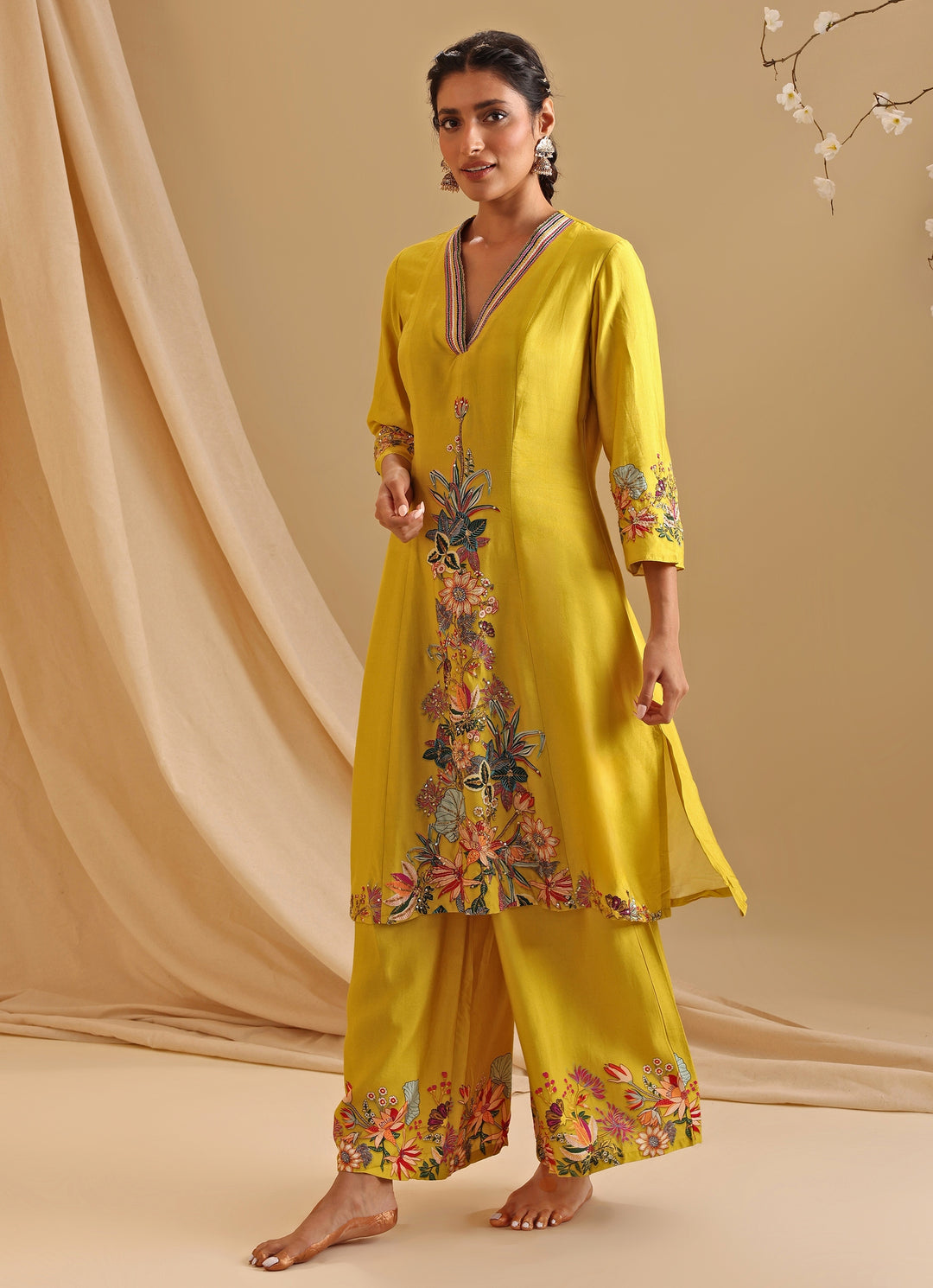 Yellow Embroidered Chanderi Kurta Dhoti Set