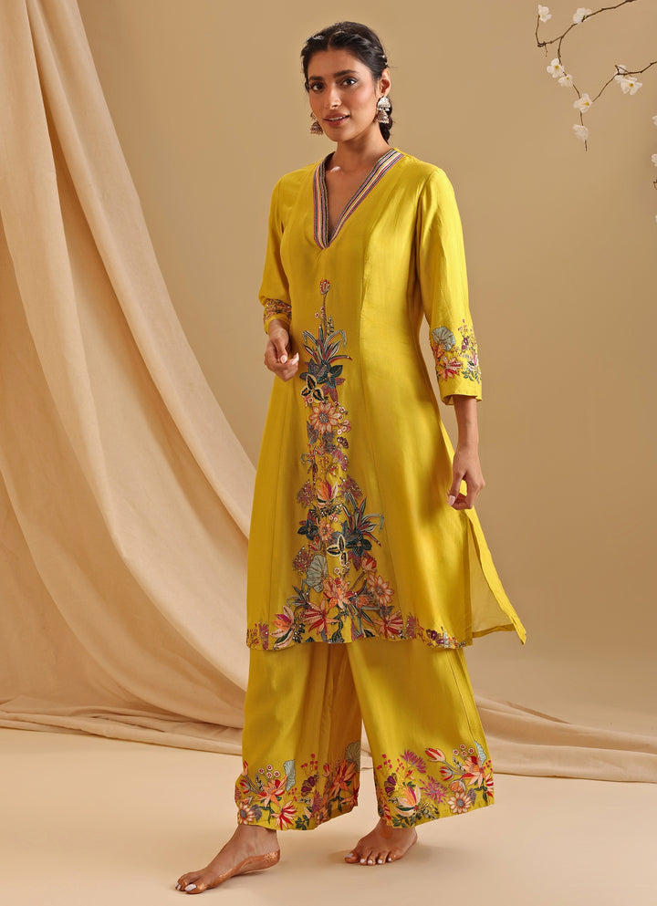 Yellow Embroidered Chanderi Kurta Dhoti Set