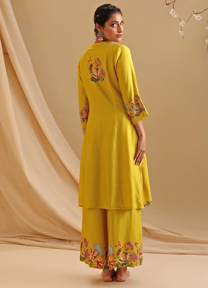 Yellow Embroidered Chanderi Kurta Dhoti Set