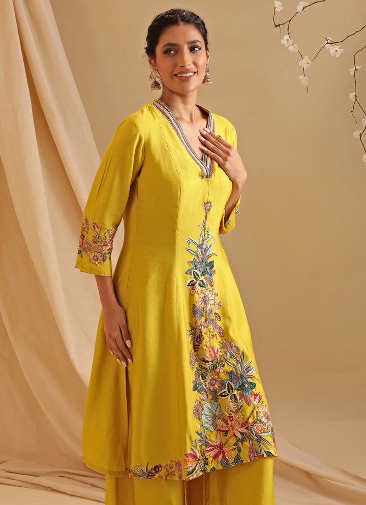 Yellow Embroidered Chanderi Kurta Dhoti Set