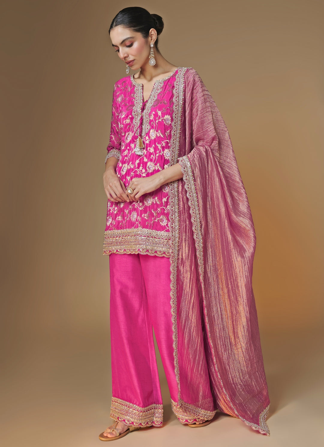 Pink Banarasi Silk Kurta Palazzo Set