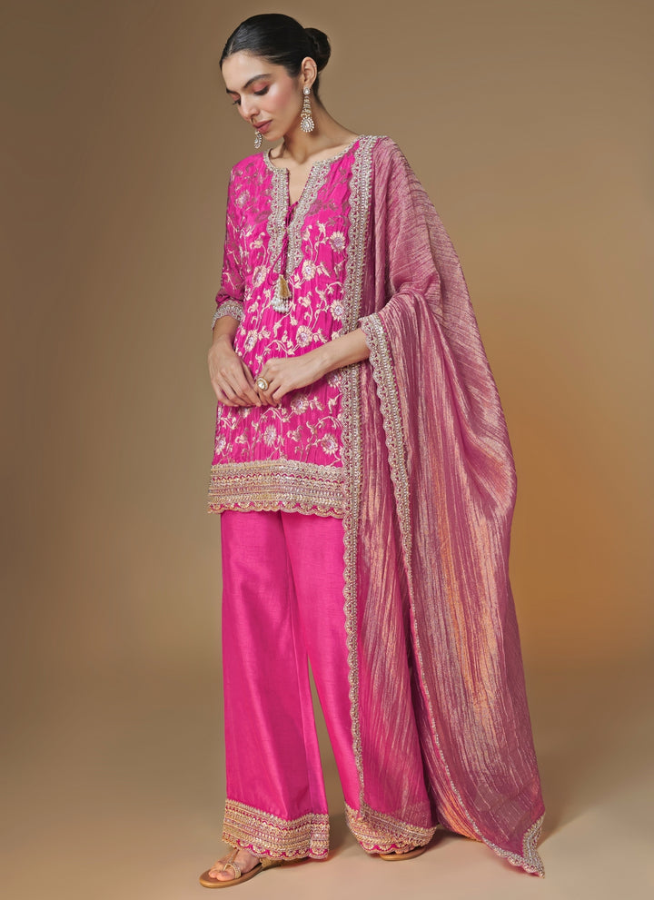 Pink Banarasi Silk Kurta Palazzo Set