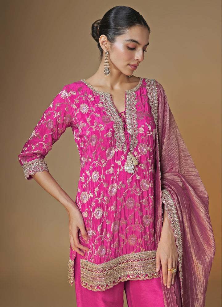 Pink Banarasi Silk Kurta Palazzo Set