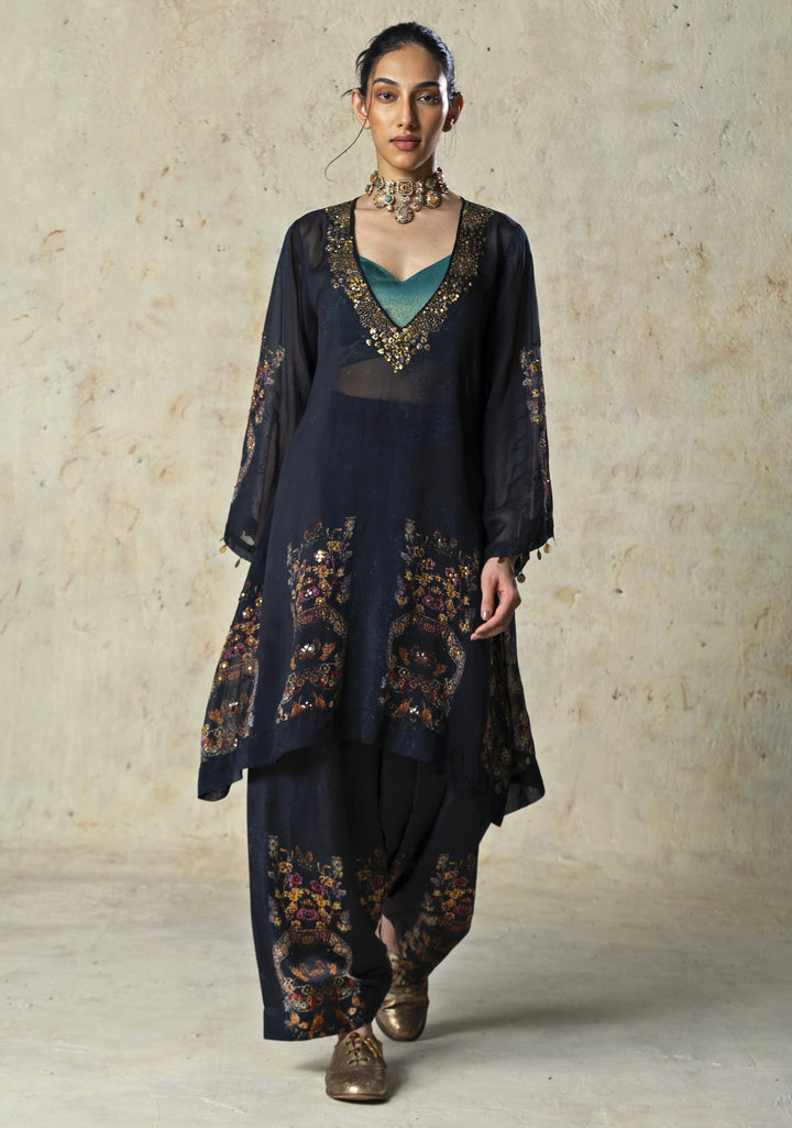Black Printed Linen Satin Kurta Sharara Set