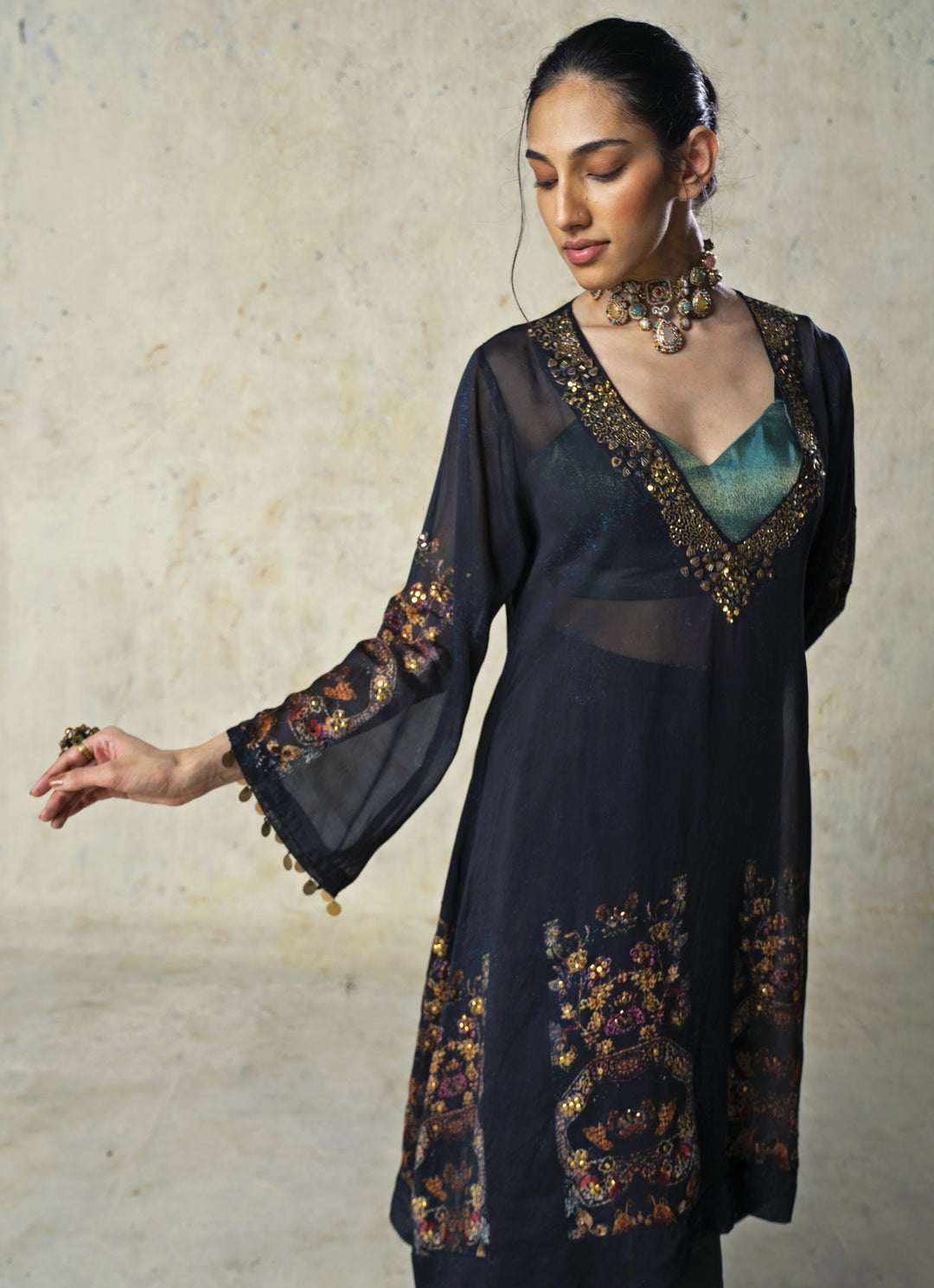 Black Printed Linen Satin Kurta Sharara Set