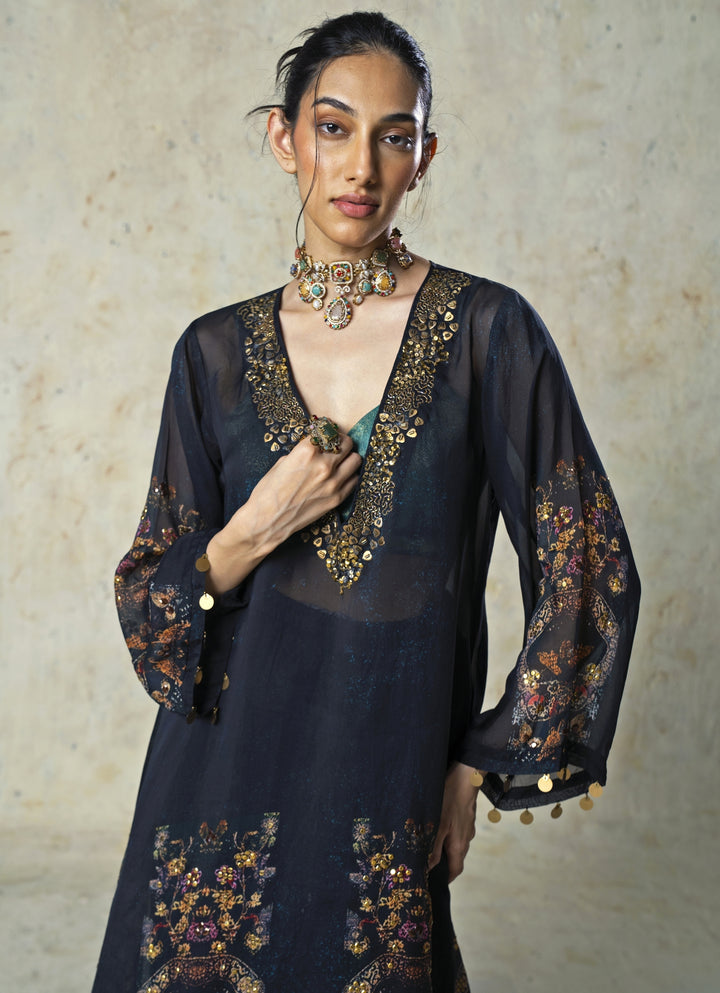 Black Printed Linen Satin Kurta Sharara Set