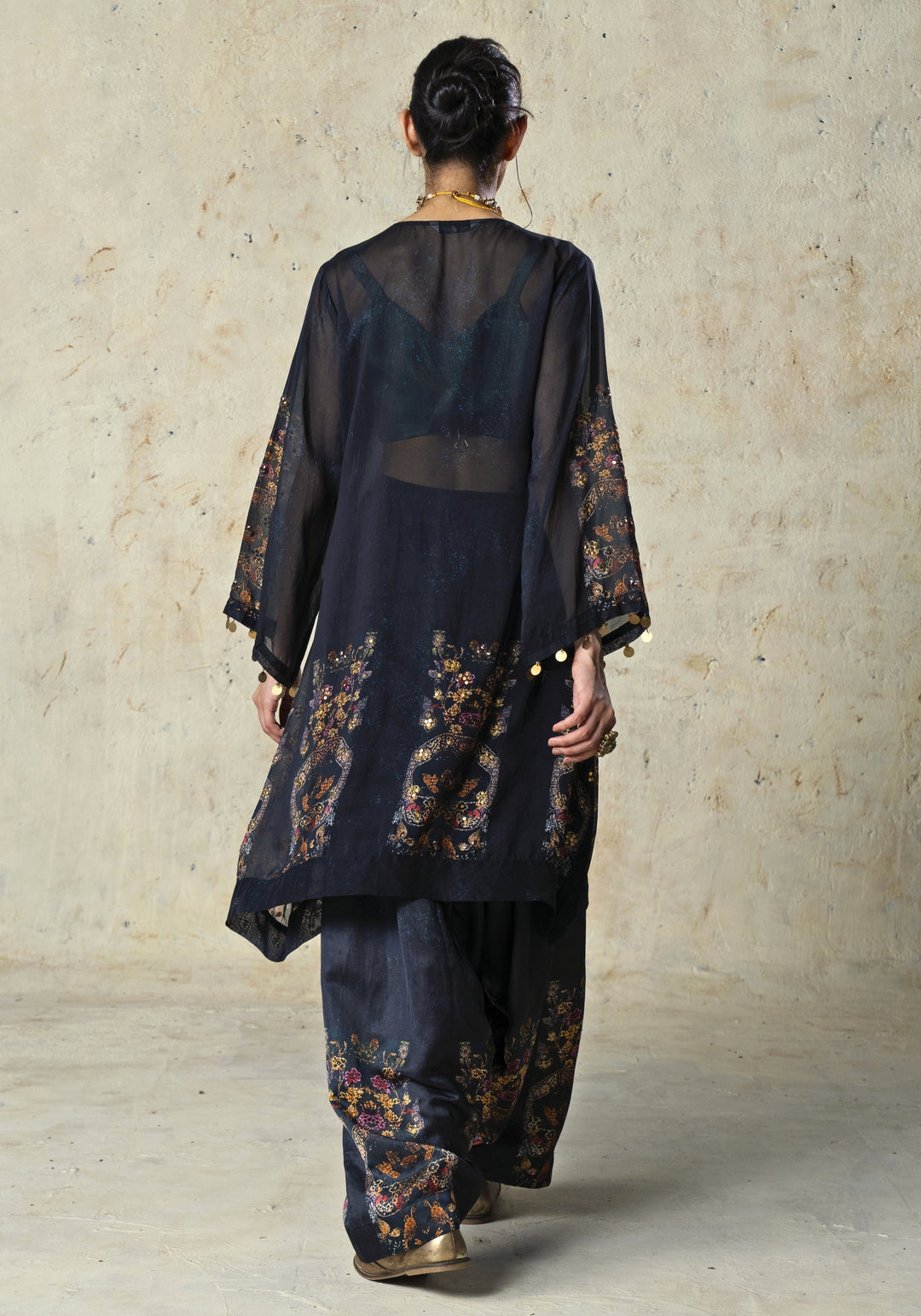 Black Printed Linen Satin Kurta Sharara Set