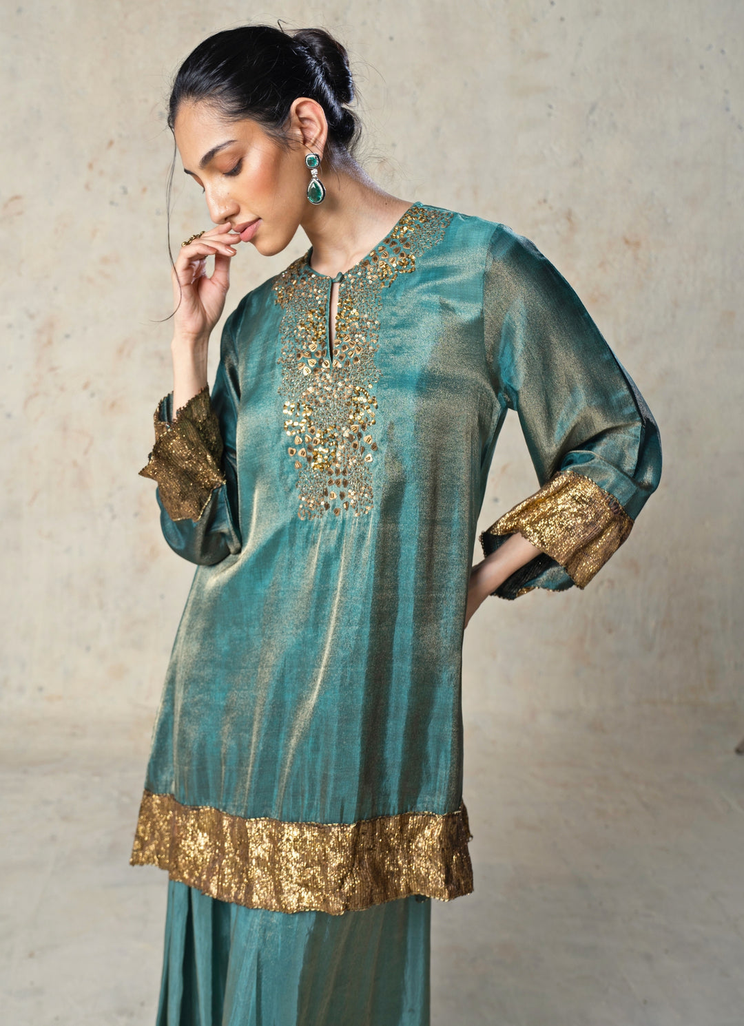 Rama Green Tissue Kurta Sharara Set