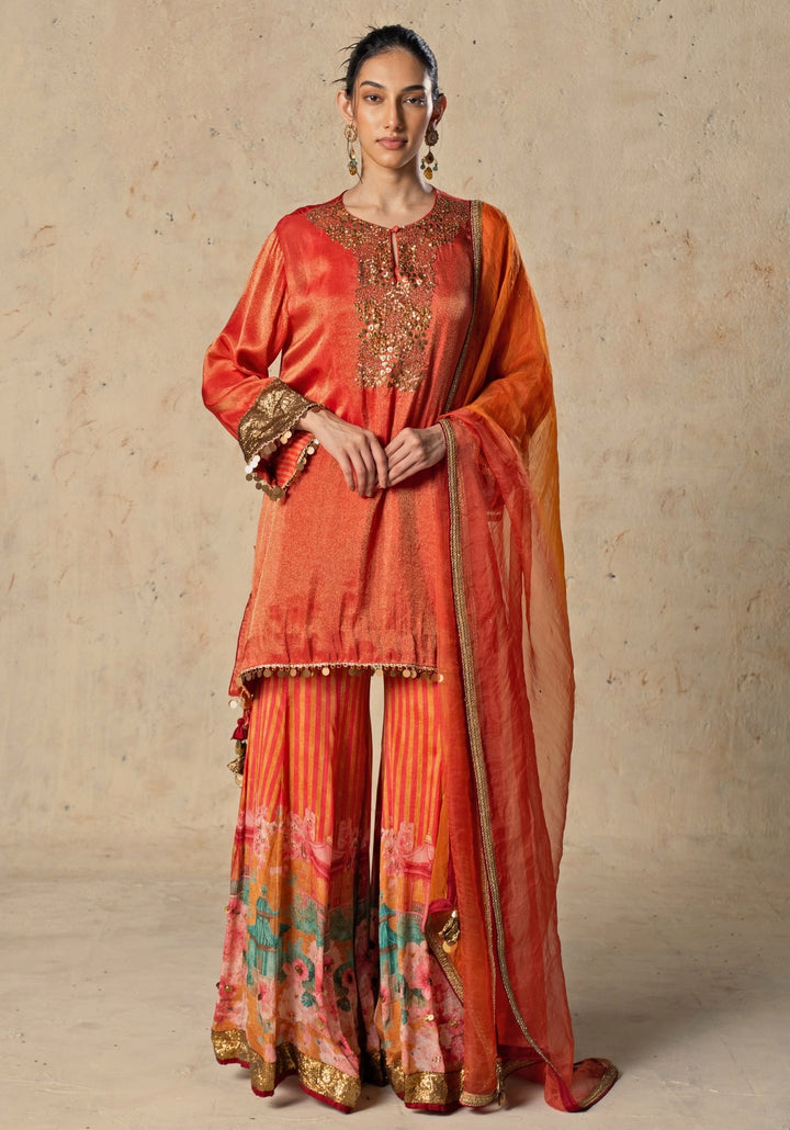 Orange Printed Chiffon Kurta Sharara Set