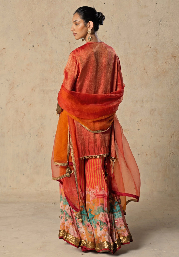 Orange Printed Chiffon Kurta Sharara Set
