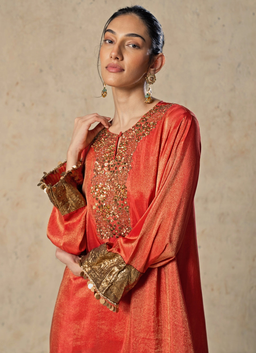 Orange Printed Chiffon Kurta Sharara Set
