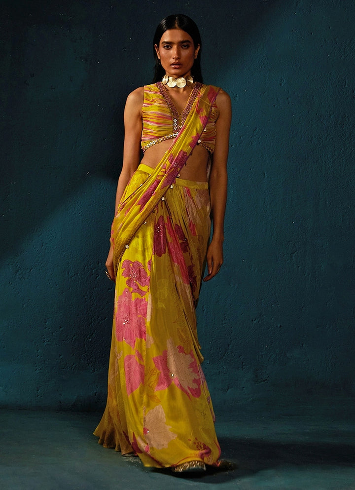 Yellow Floral Printed And Pre-Draped Chiffon Saree