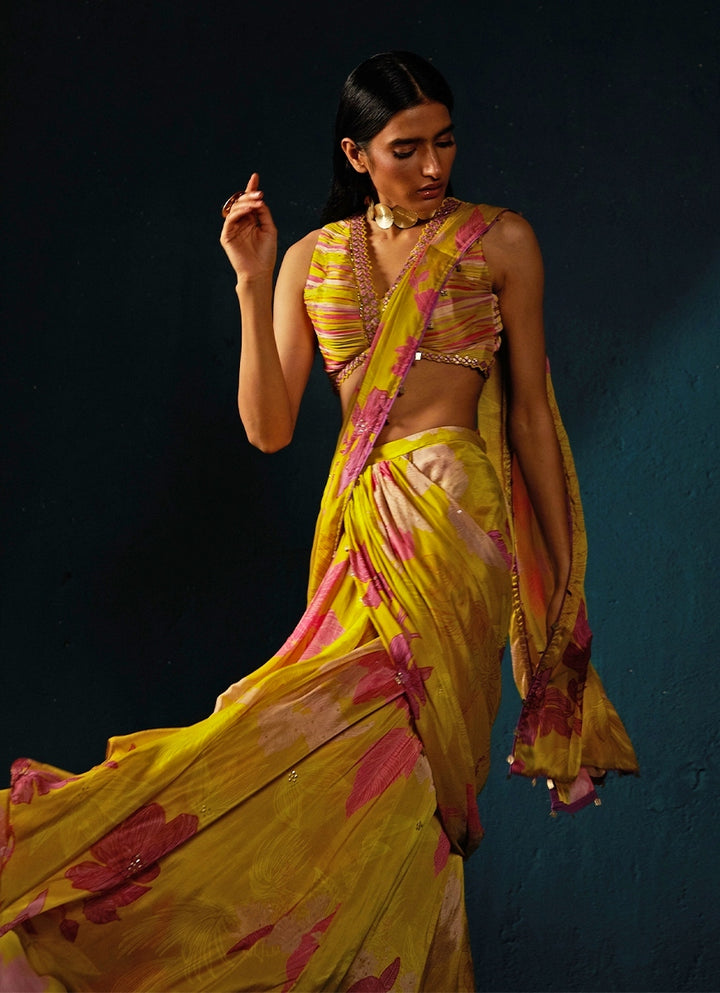 Yellow Floral Printed And Pre-Draped Chiffon Saree