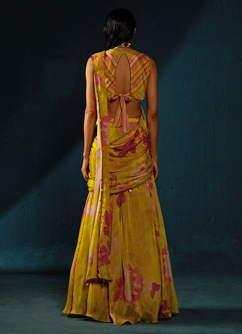 Yellow Floral Printed And Pre-Draped Chiffon Saree
