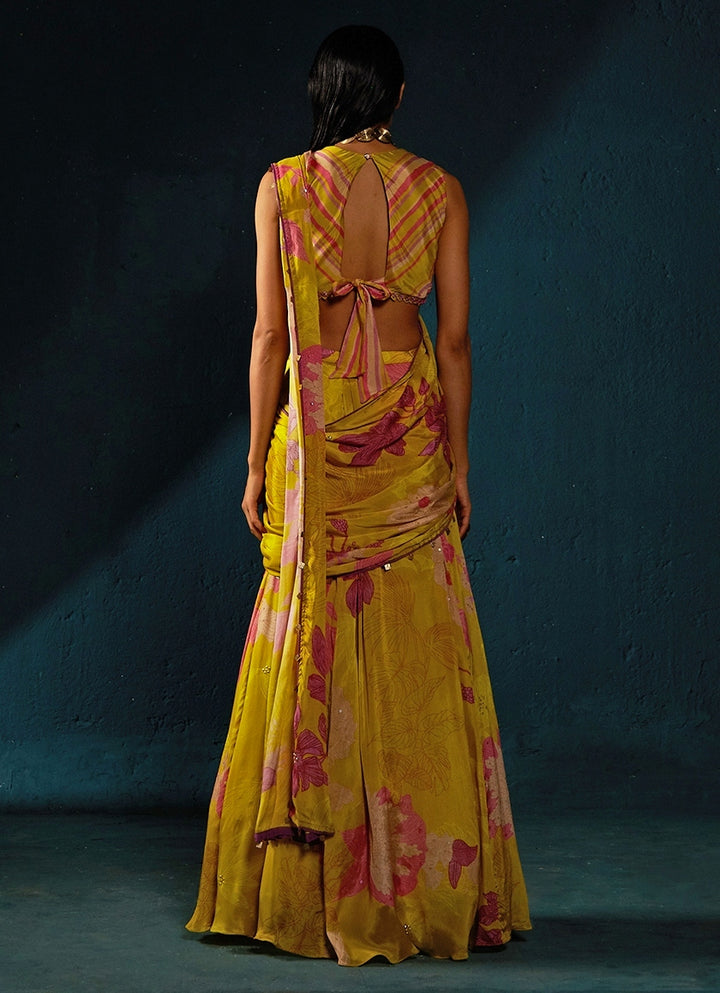 Yellow Floral Printed And Pre-Draped Chiffon Saree