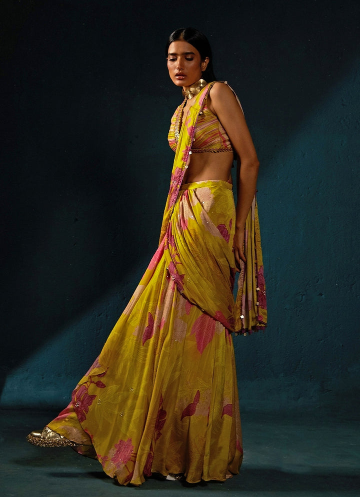 Yellow Floral Printed And Pre-Draped Chiffon Saree
