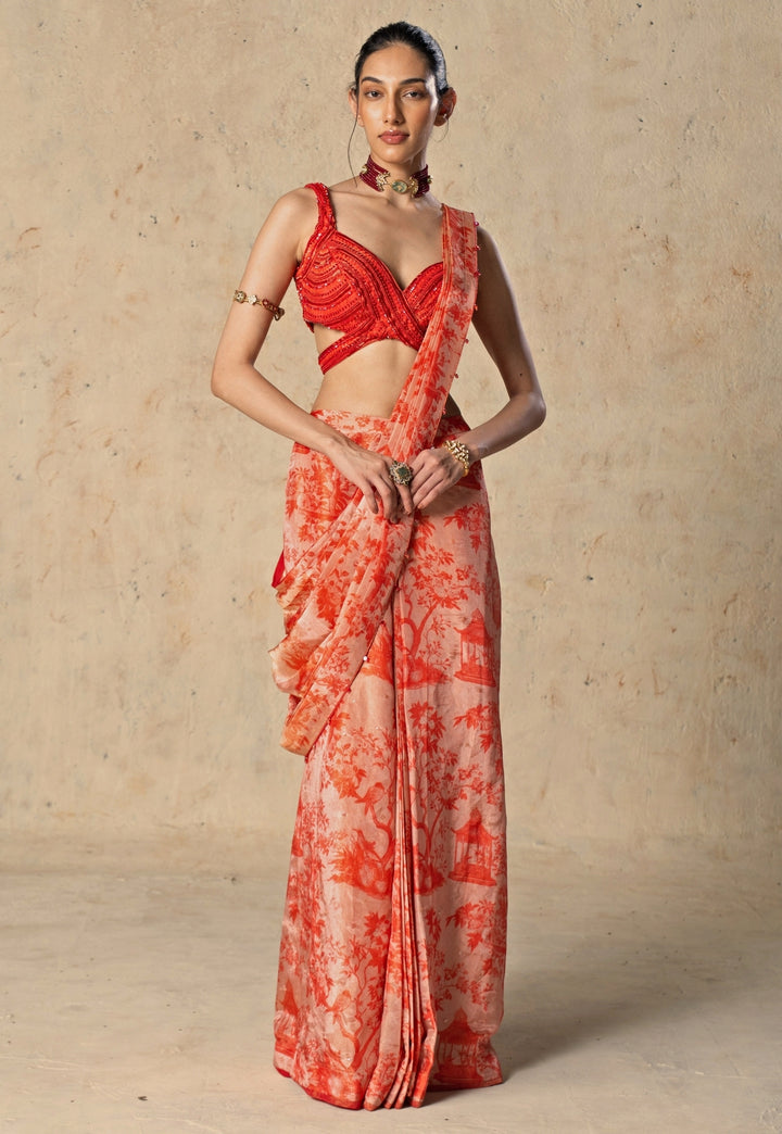 Red Printed Tissue Pre-Draped Saree