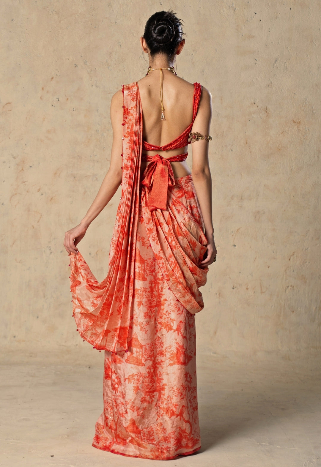 Red Printed Tissue Pre-Draped Saree