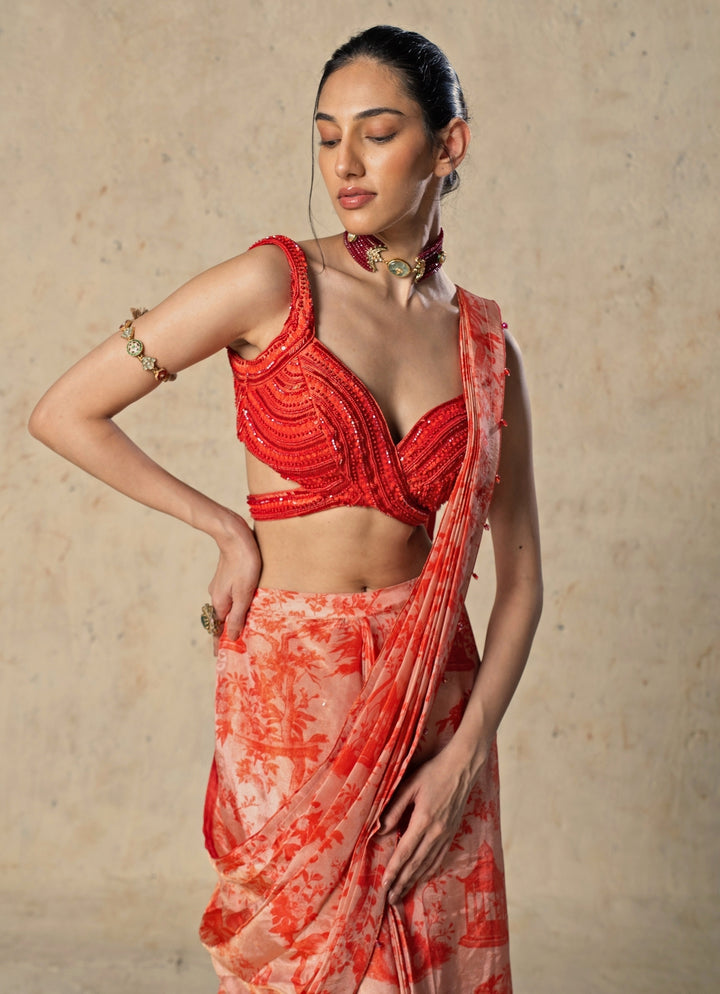 Red Printed Tissue Pre-Draped Saree