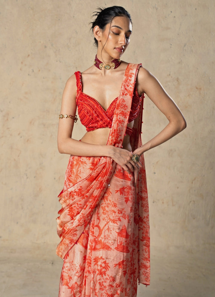 Red Printed Tissue Pre-Draped Saree