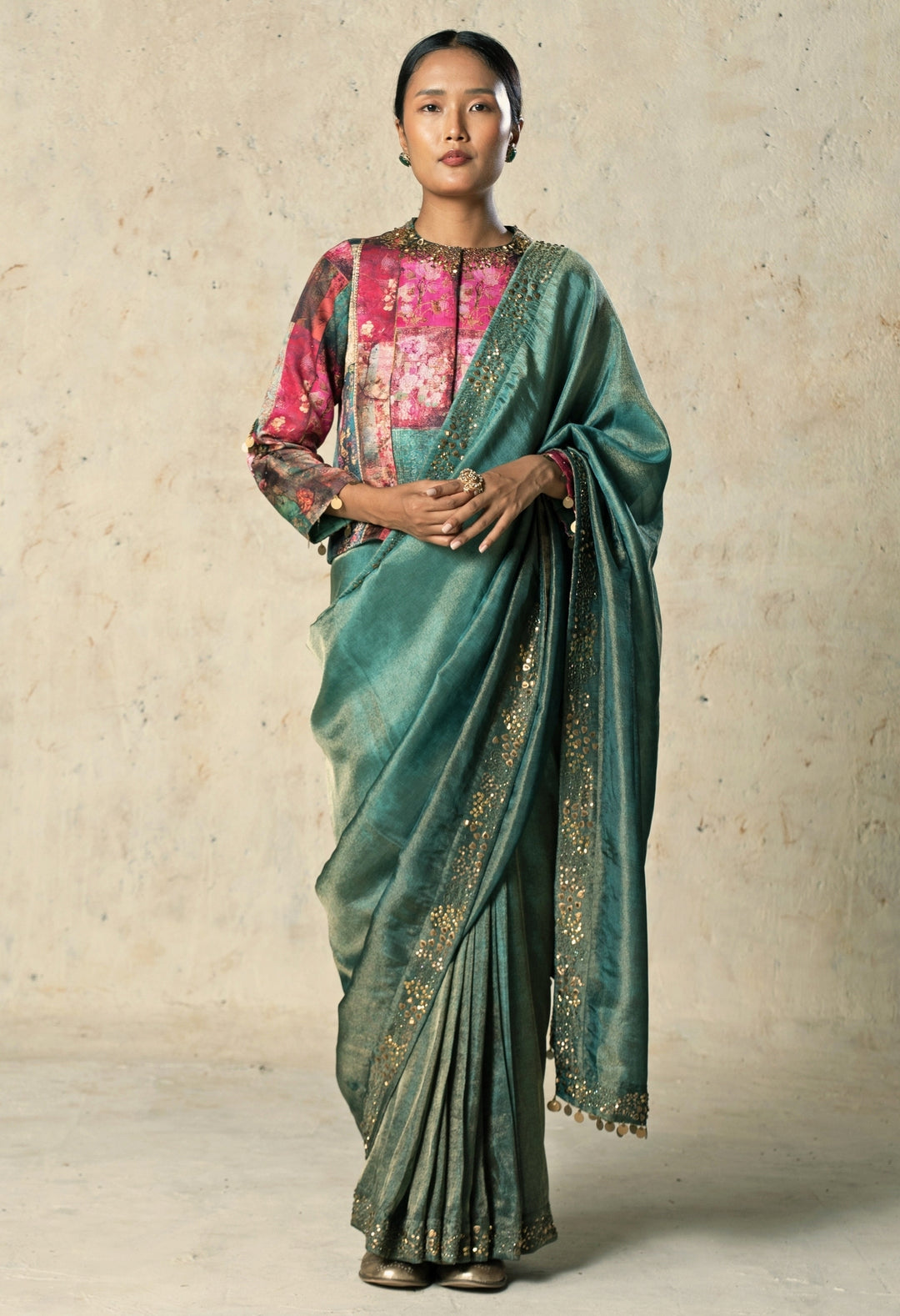 Rama Green Embroidered Tissue Saree
