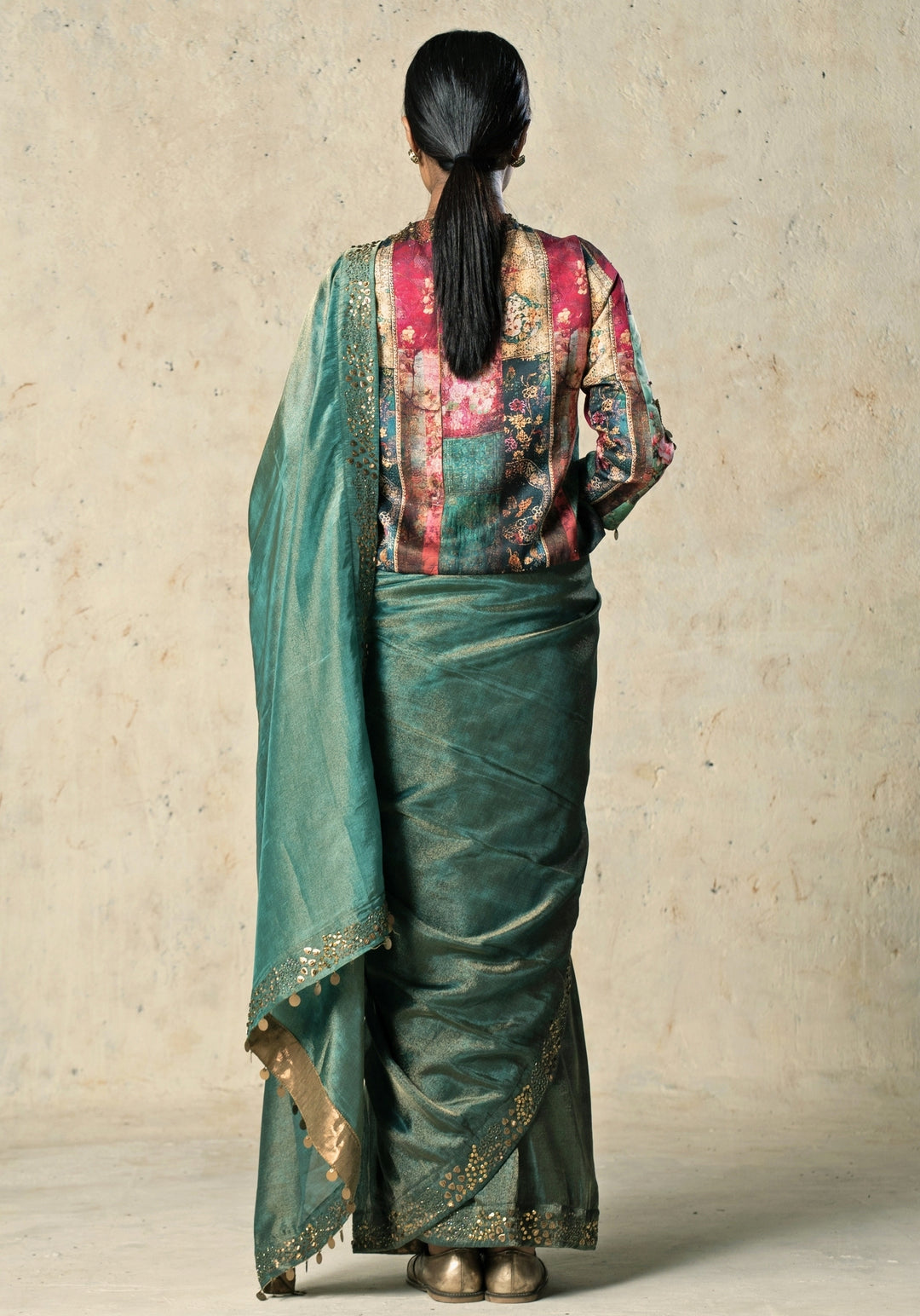 Rama Green Embroidered Tissue Saree