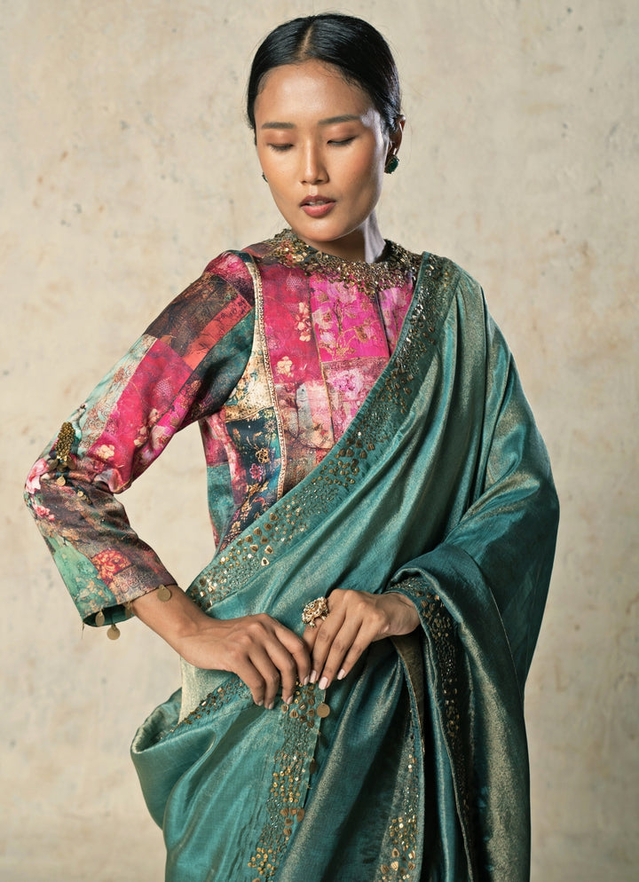 Rama Green Embroidered Tissue Saree