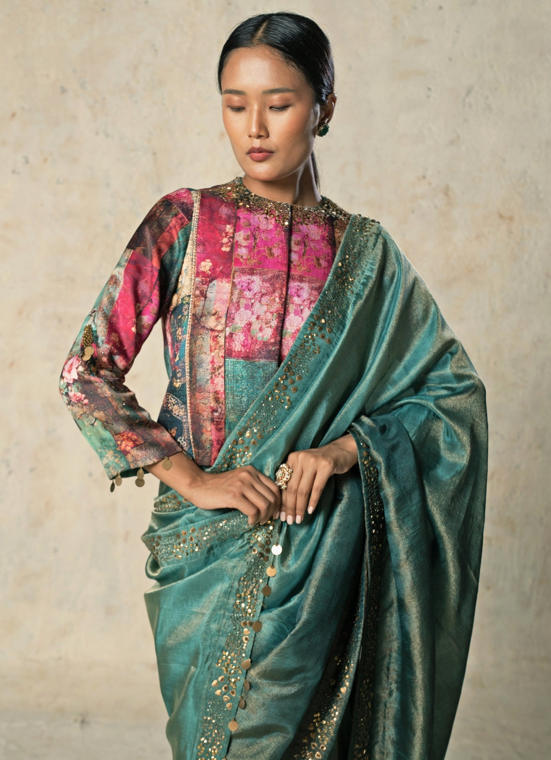 Rama Green Embroidered Tissue Saree