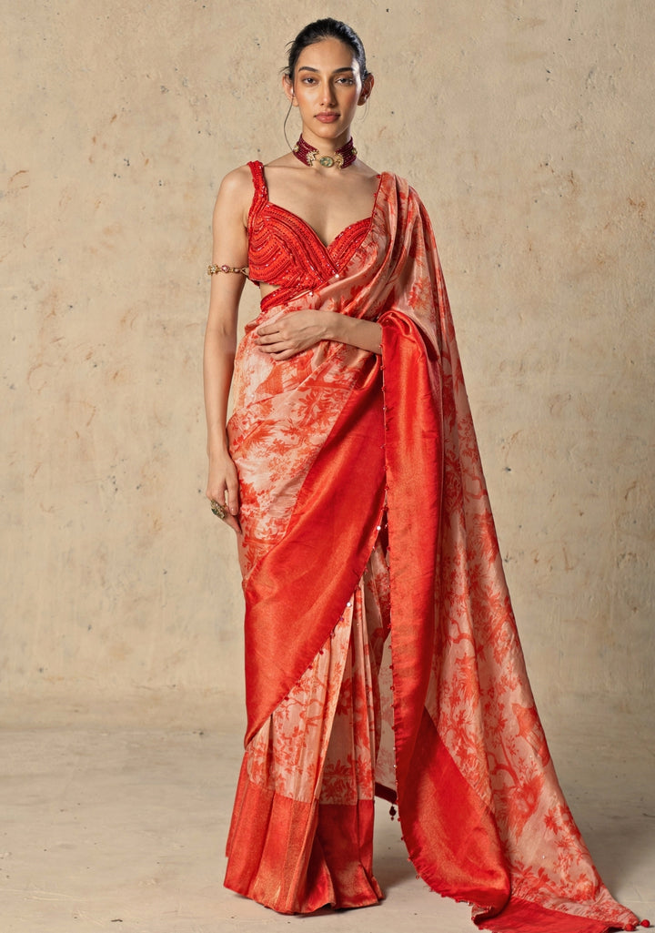 Red Printed Tissue Pre-Draped Saree Set