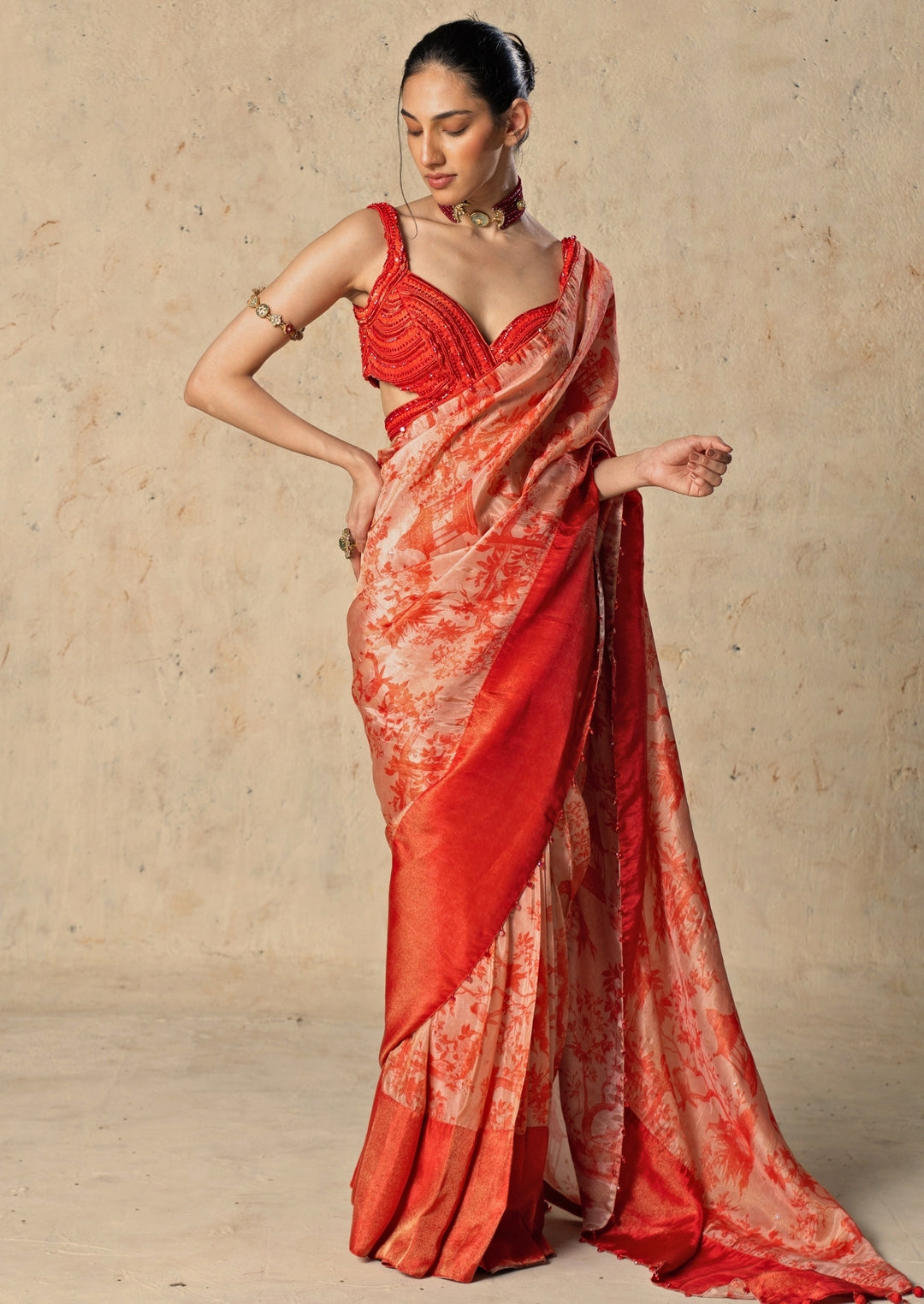 Red Printed Tissue Pre-Draped Saree Set