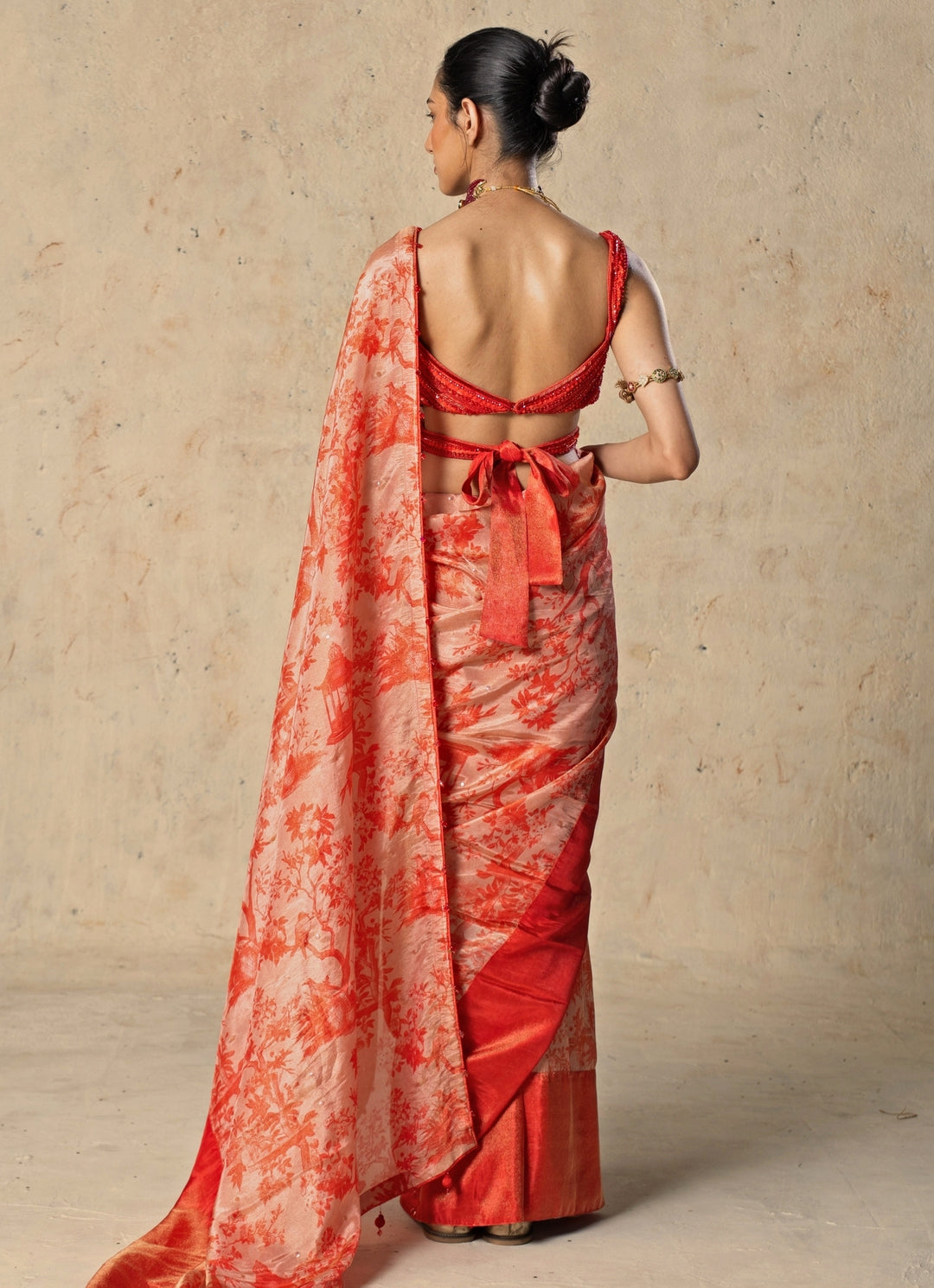 Red Printed Tissue Pre-Draped Saree Set