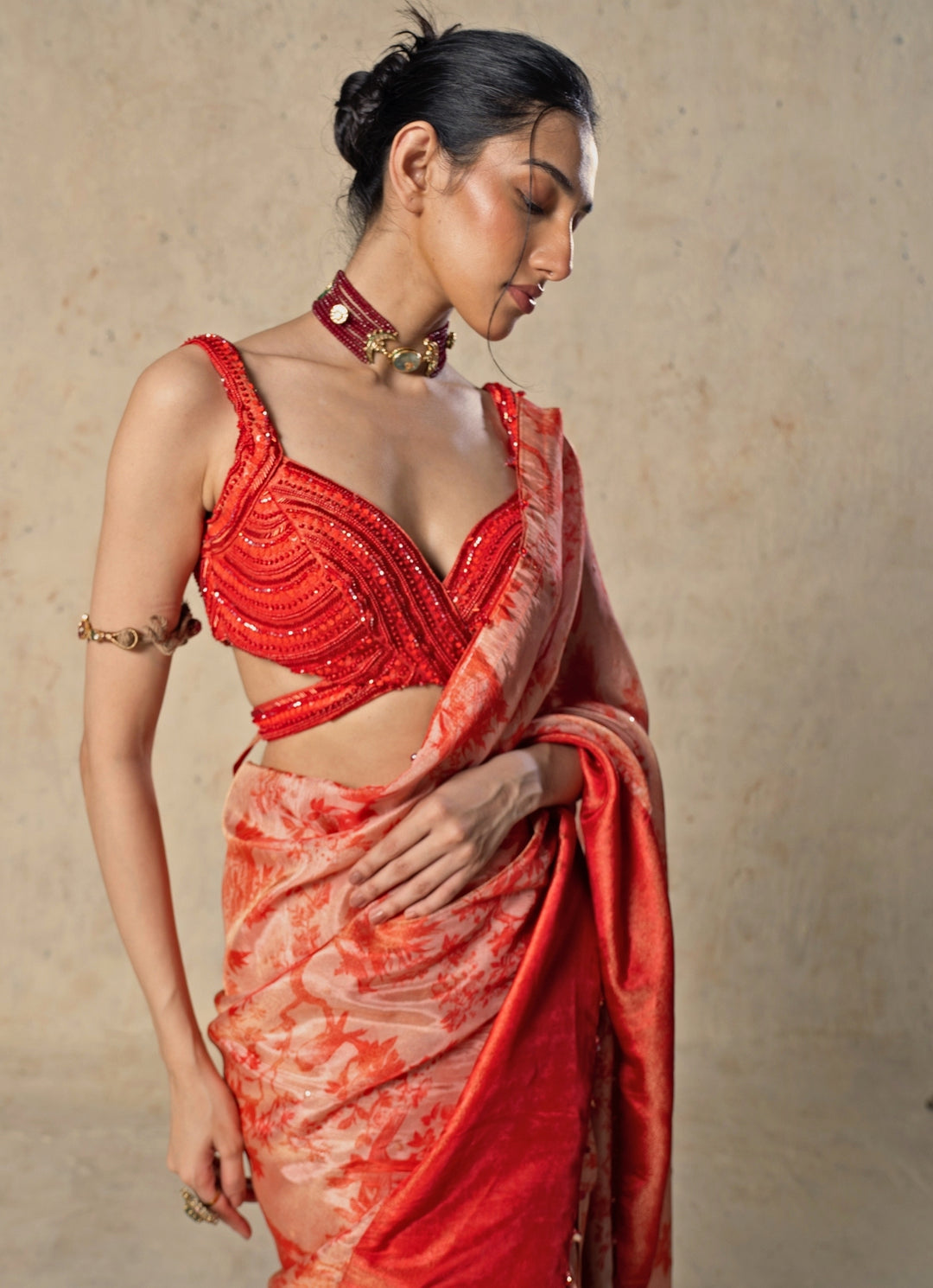 Red Printed Tissue Pre-Draped Saree Set