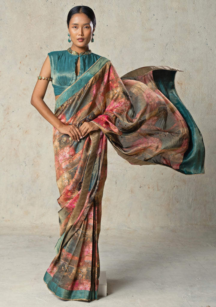 Rama Green Printed Tissue Pre-Draped Saree