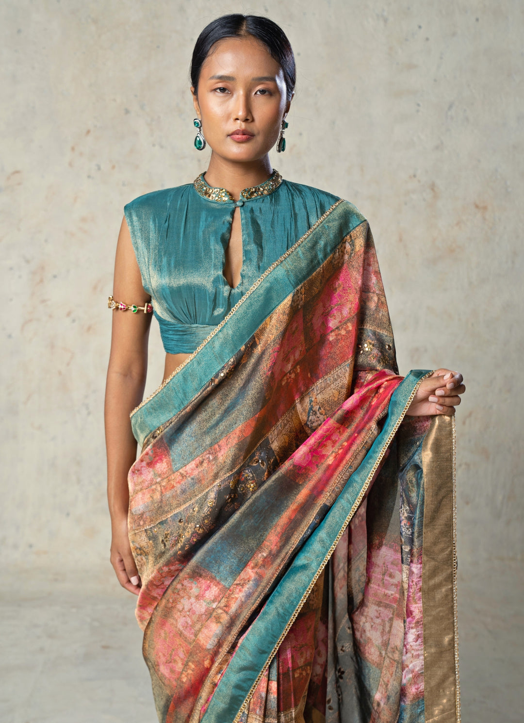 Rama Green Printed Tissue Pre-Draped Saree
