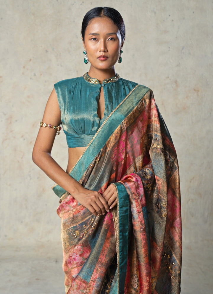 Rama Green Printed Tissue Pre-Draped Saree