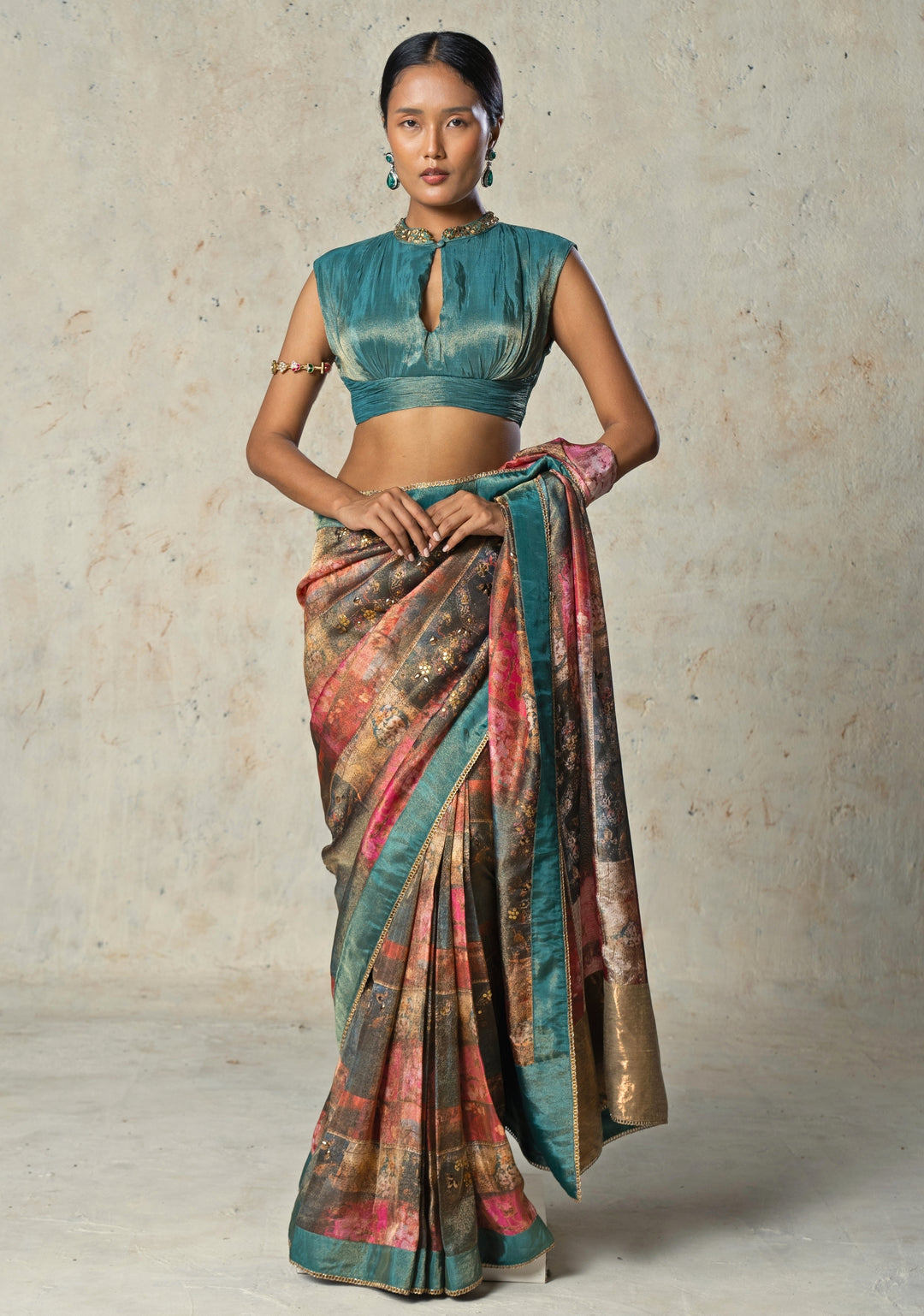 Rama Green Printed Tissue Pre-Draped Saree