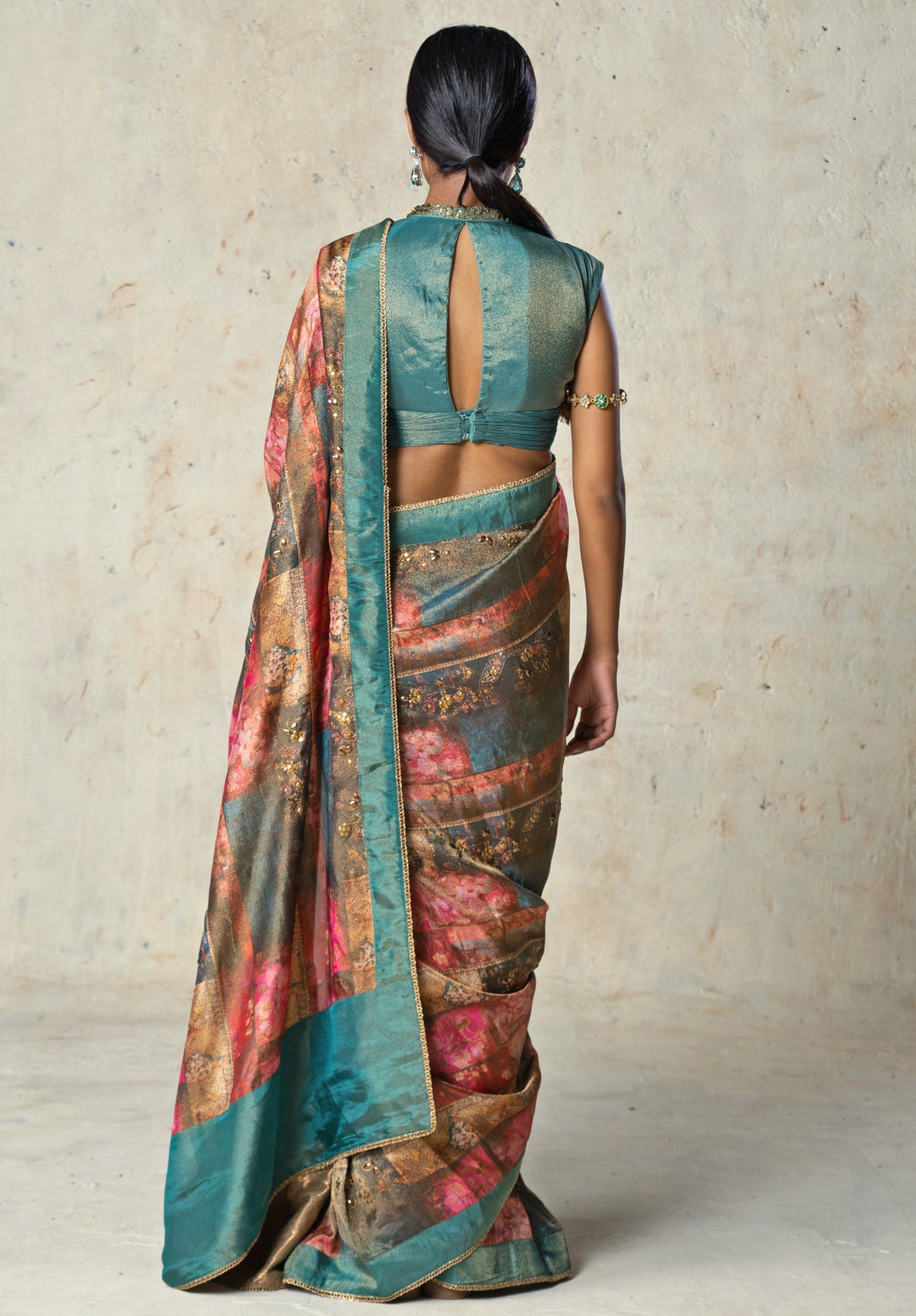Rama Green Printed Tissue Pre-Draped Saree