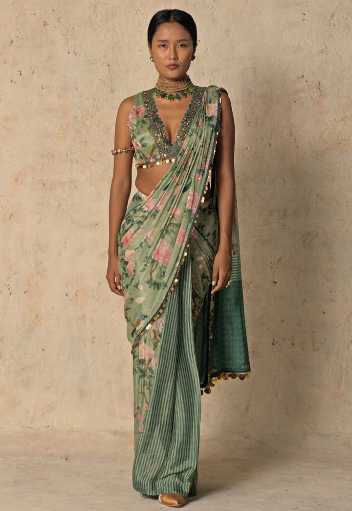 Green Printed Chiffon Pre-Draped Saree